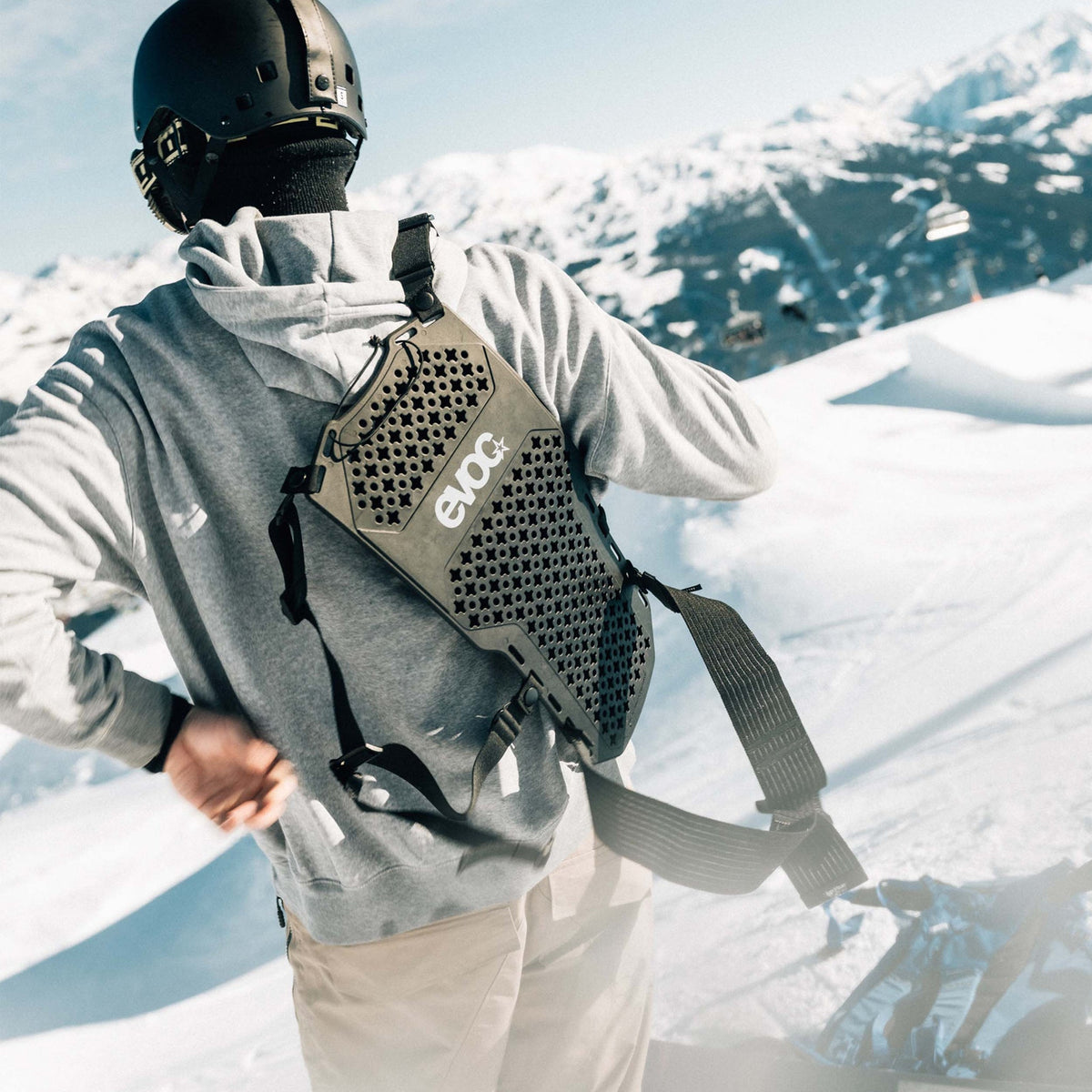 EVOC Torso Protector Back - Black, worn while riding