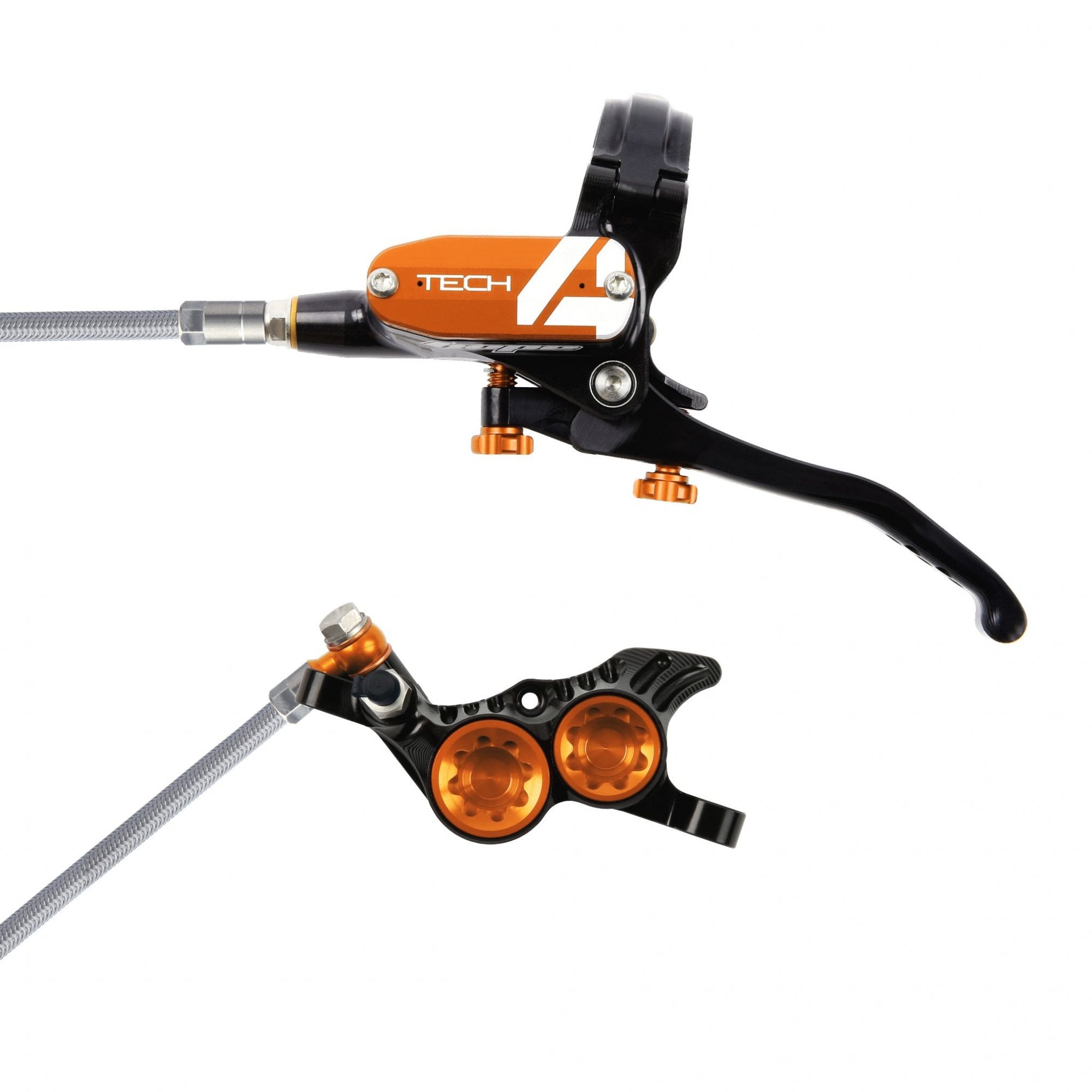 Hope Tech 4 V4 Disc Brake - Braided Hose Black/Orange / L/H