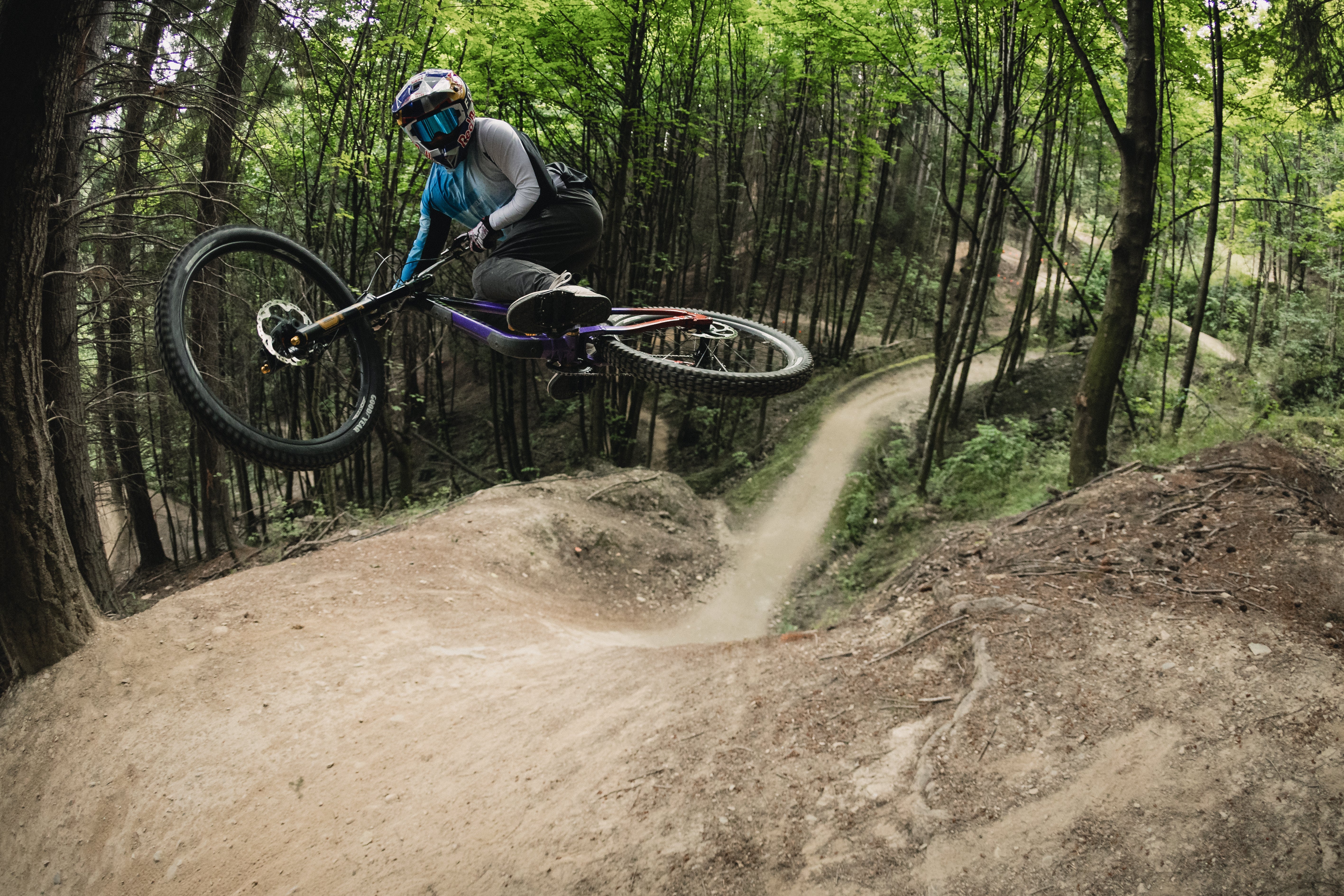 Marin Quake 2027 downhill bike being ridden on a bike park track