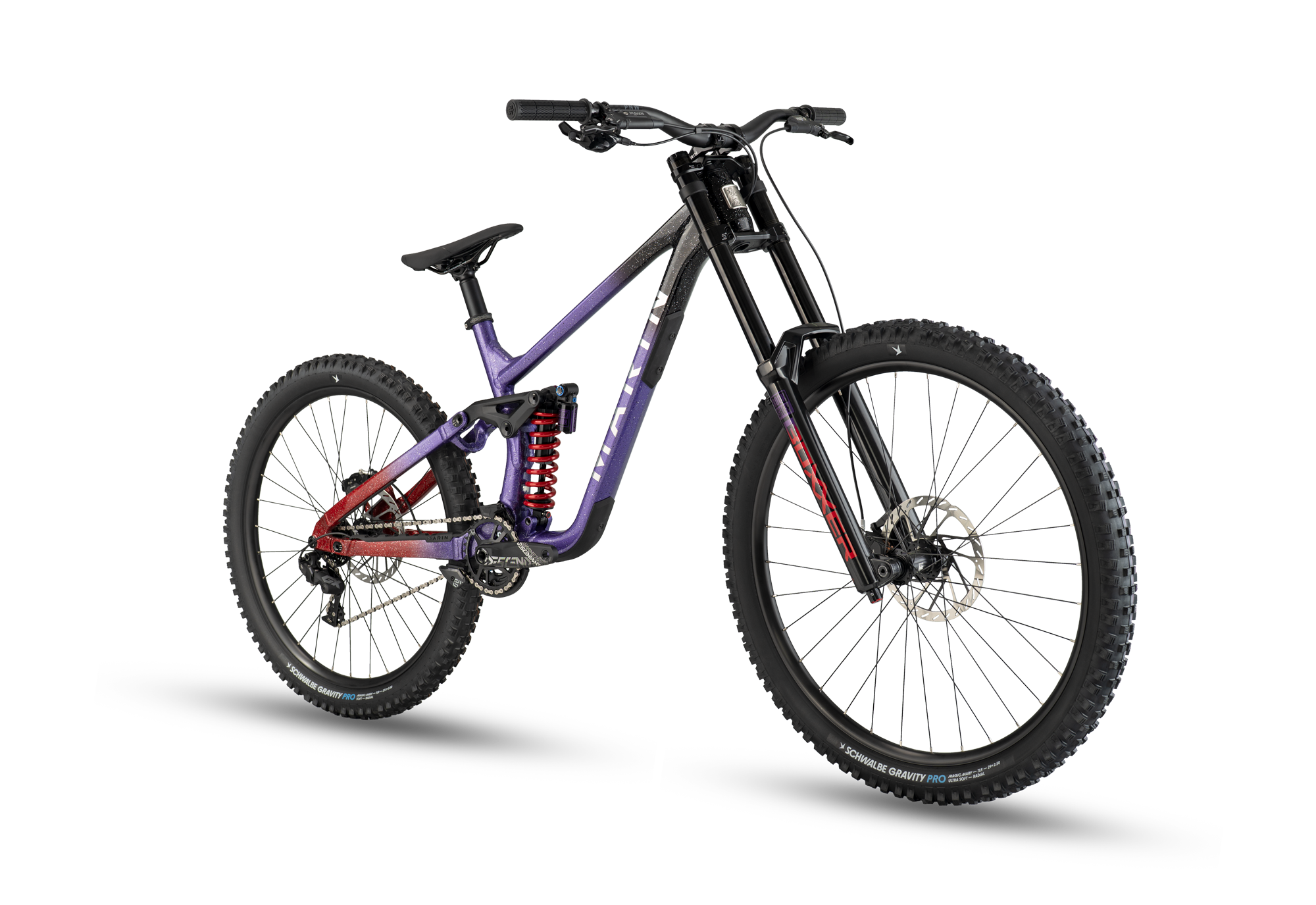 Marin Quake 2027 downhill bike in Purple/Red, front view