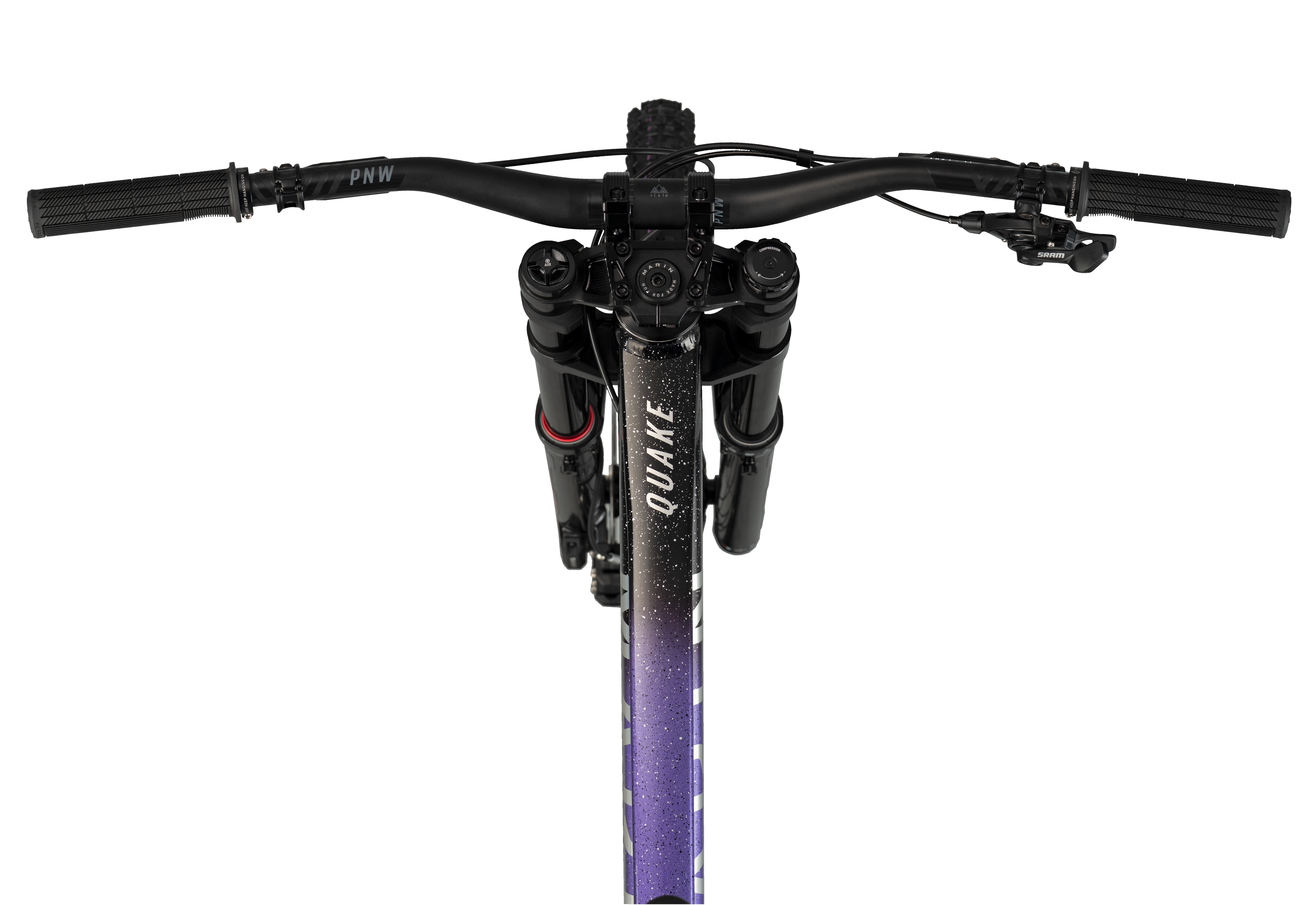 Marin Quake 2027 downhill bike in Purple/Red, rear view