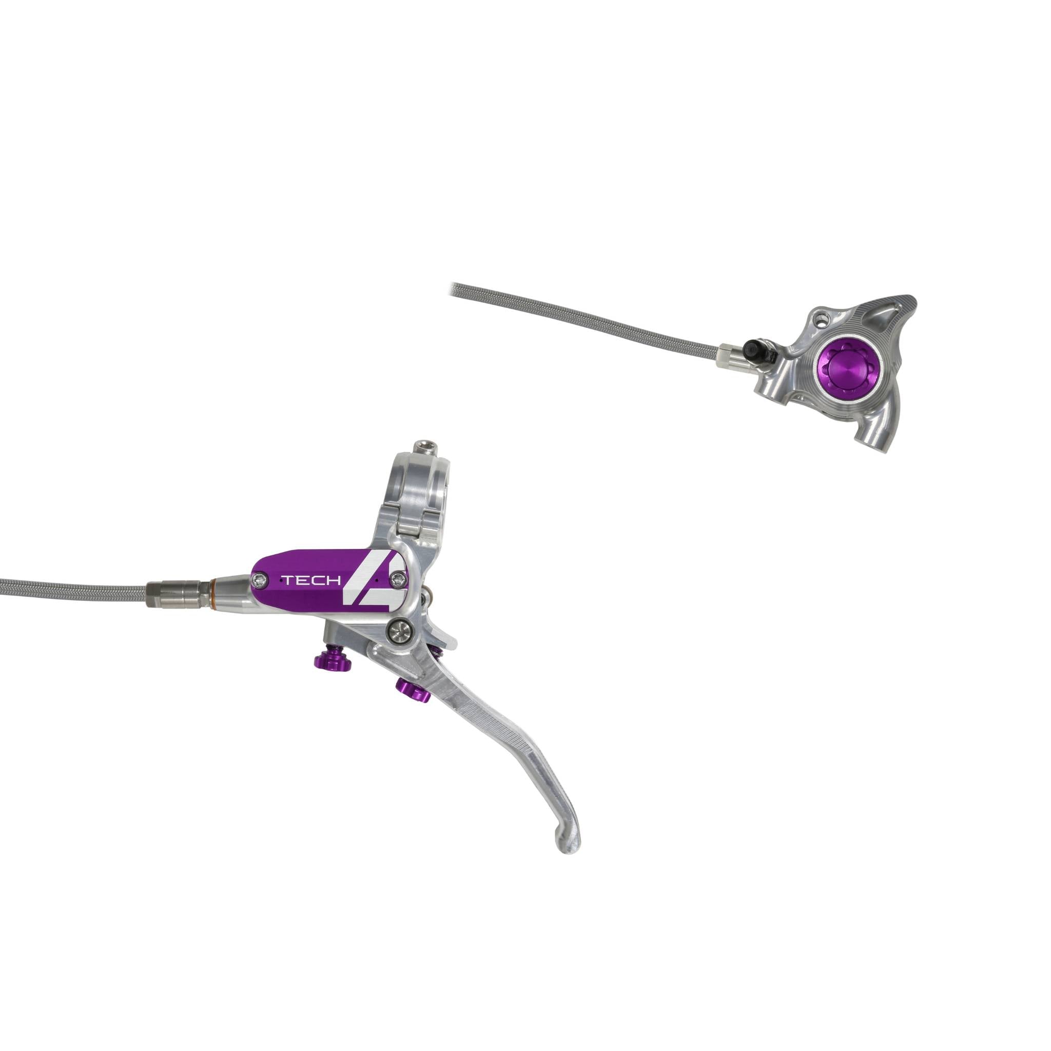 Hope Tech 4 X2 Flatmount Disc Brake with Braided Hose Silver/Purple / Left Hand