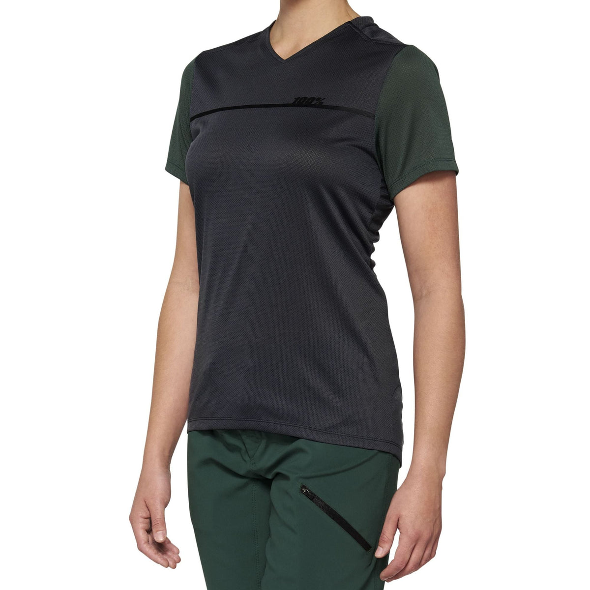 100% Ridecamp Women's Short Sleeve Jersey Charcoal/Forest Green / S