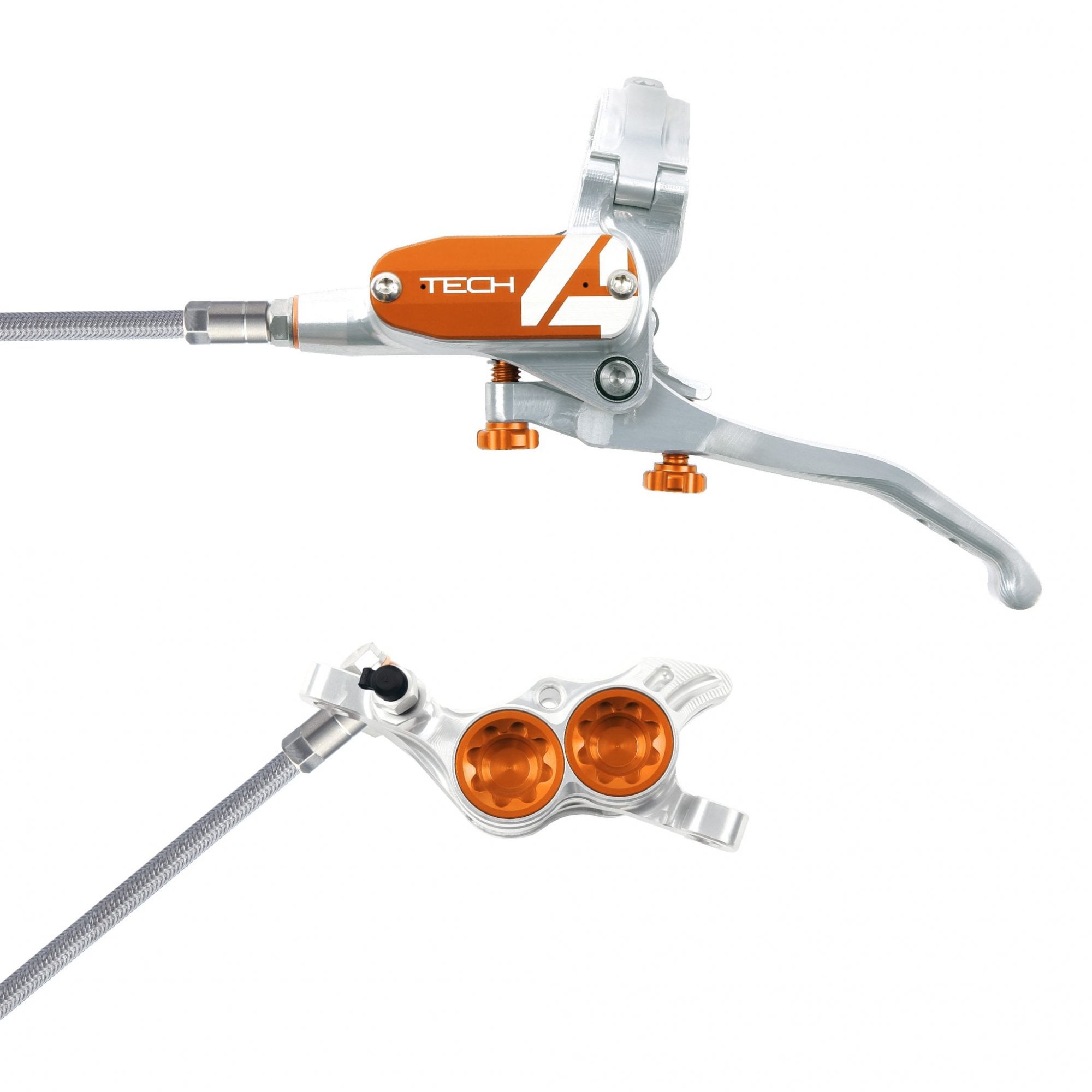 Hope Tech 4 E4 Disc Brake - Braided Hose Silver/Orange / L/H