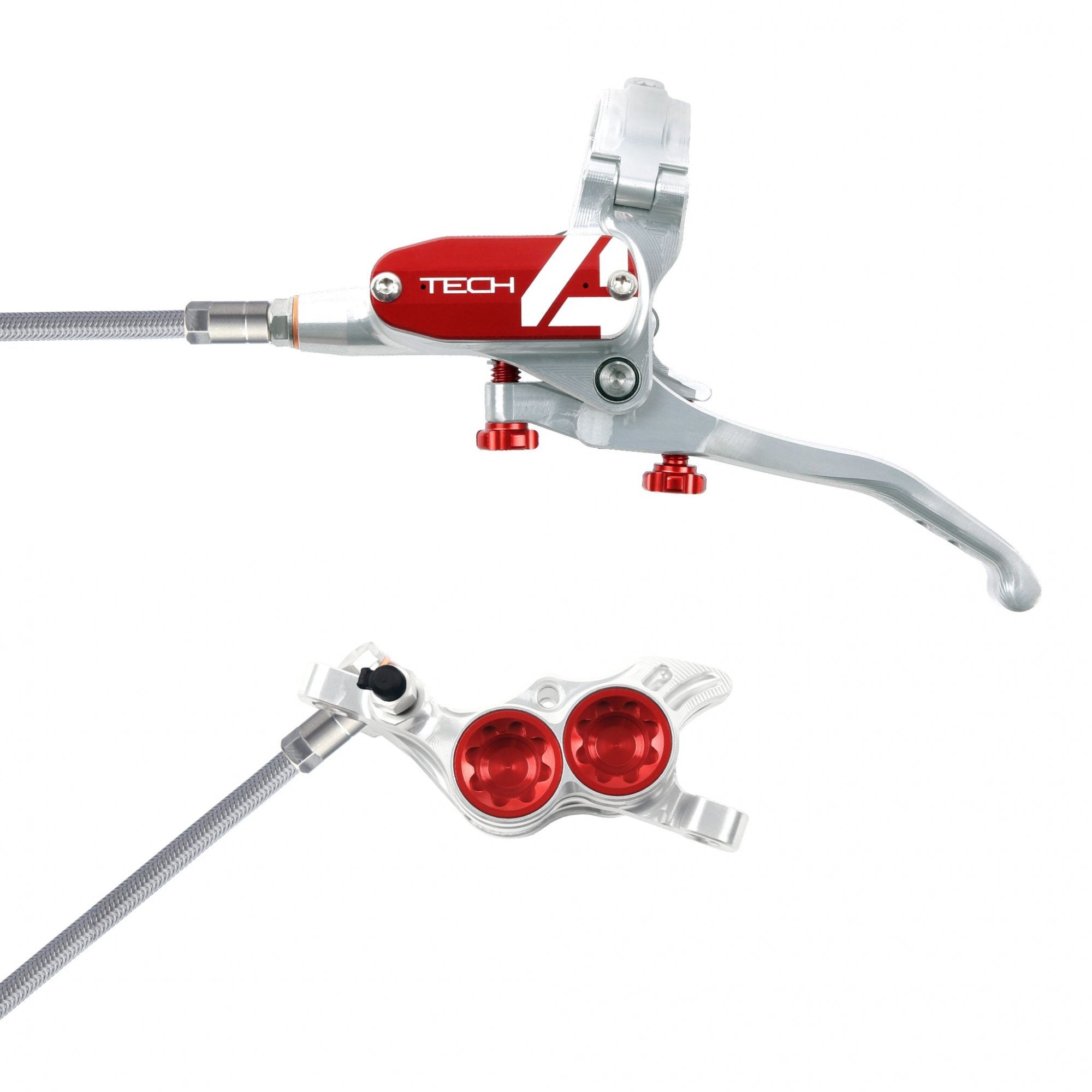 Hope Tech 4 E4 Disc Brake - Braided Hose Silver/Red / L/H