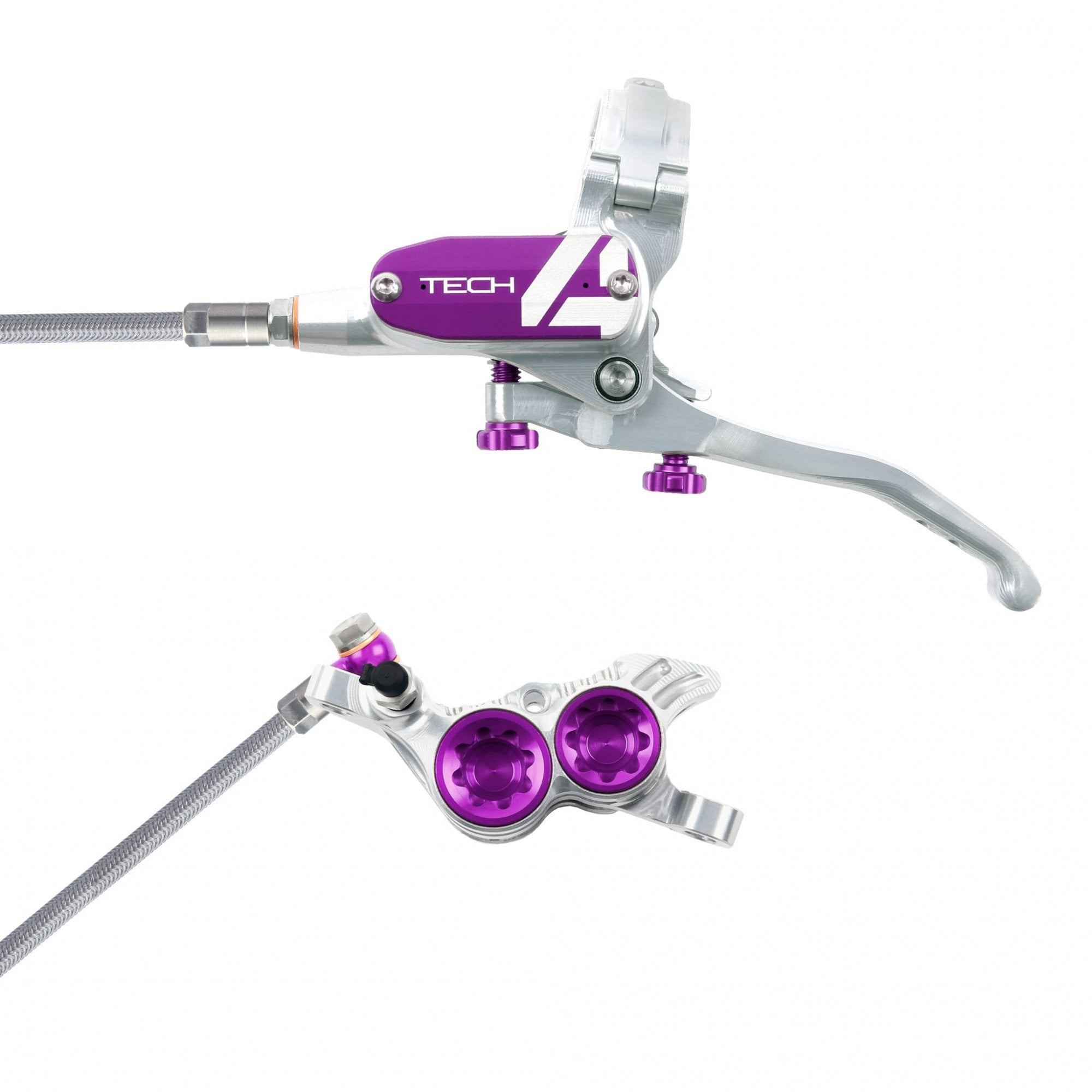 Hope Tech 4 V4 Disc Brake - Braided Hose Silver/Purple / L/H
