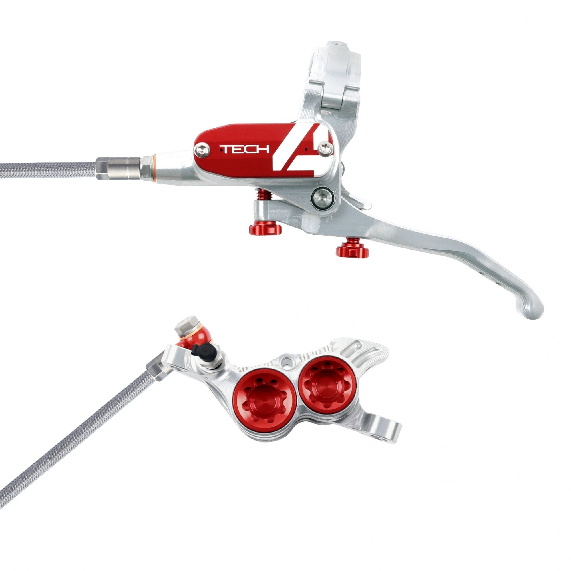 Hope Tech 4 V4 Disc Brake - Braided Hose Silver/Red / L/H